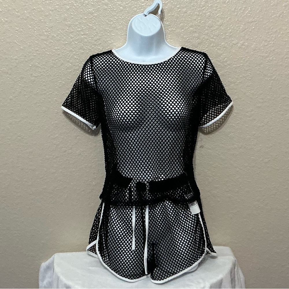 Black Mesh Two-Piece Short Set Beach Coverup for Juniors